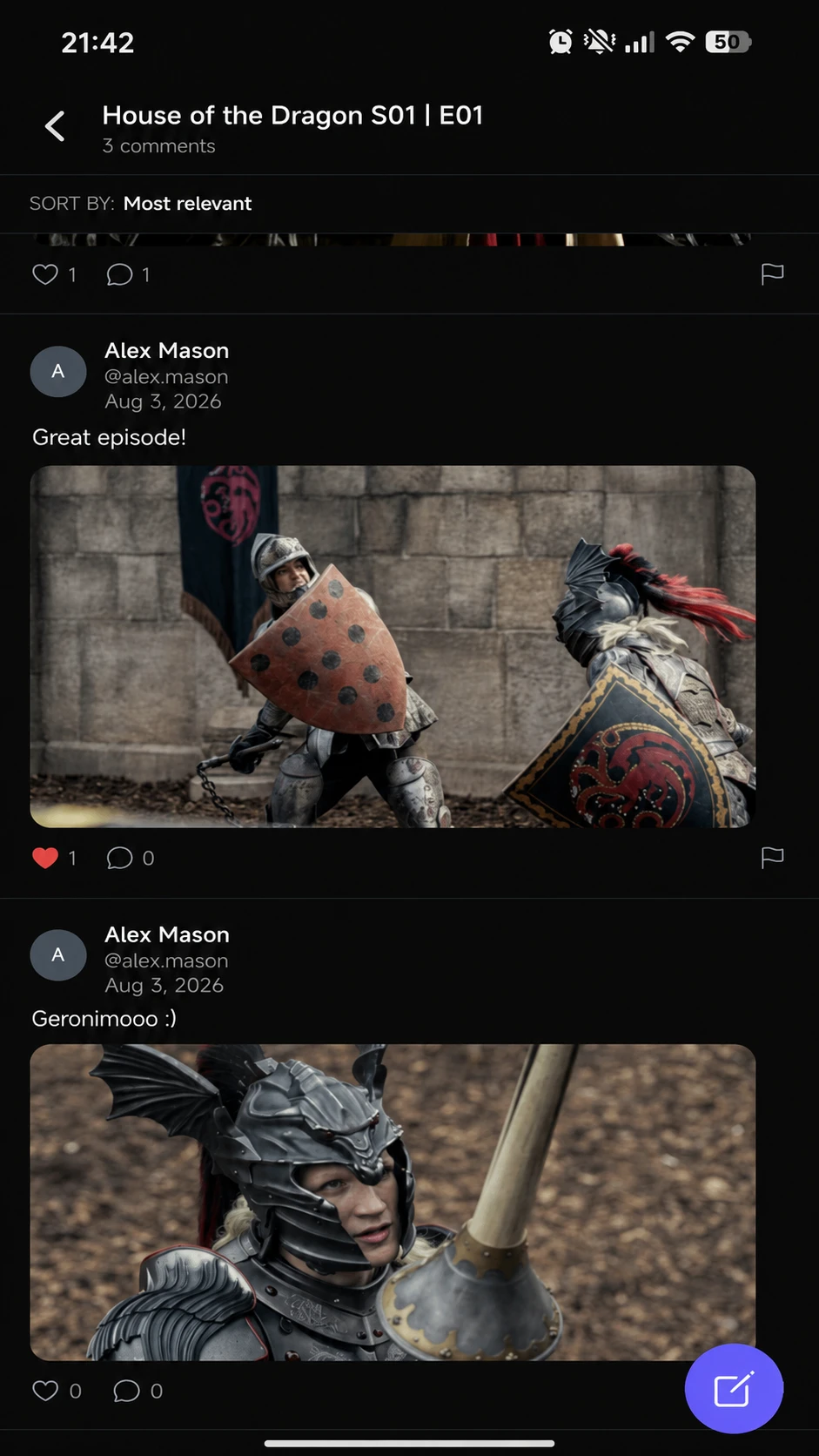 Prevly episode comments screen showing fan reactions and posted images