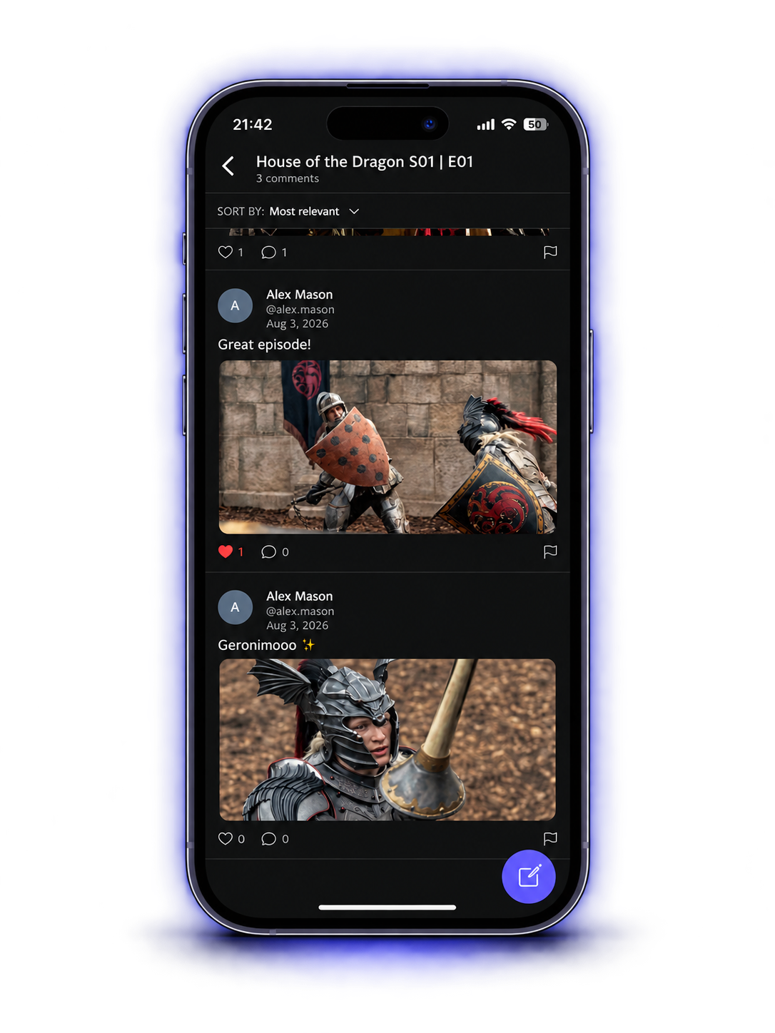 Prevly episode comments screen showing fan reactions and posted images