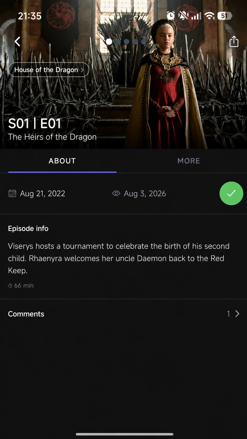 Prevly episode detail screen showing the episode's hero image, title, watched status, and info