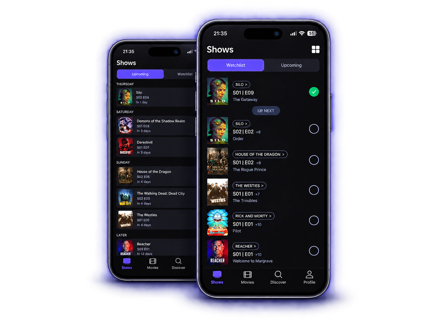 Prevly Shows screens showing upcoming releases and your watchlist