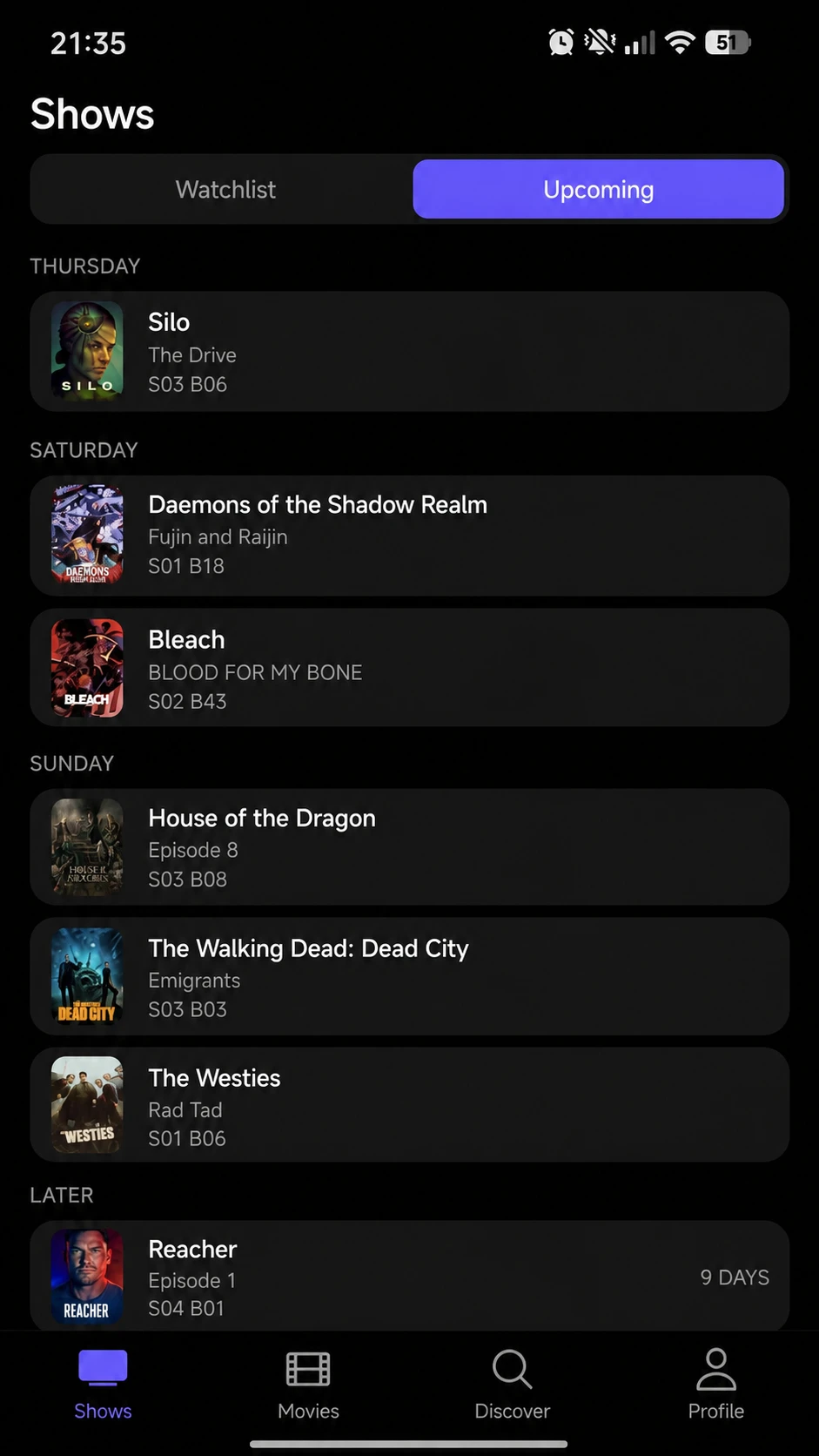 Prevly Shows screen listing upcoming episode releases by day