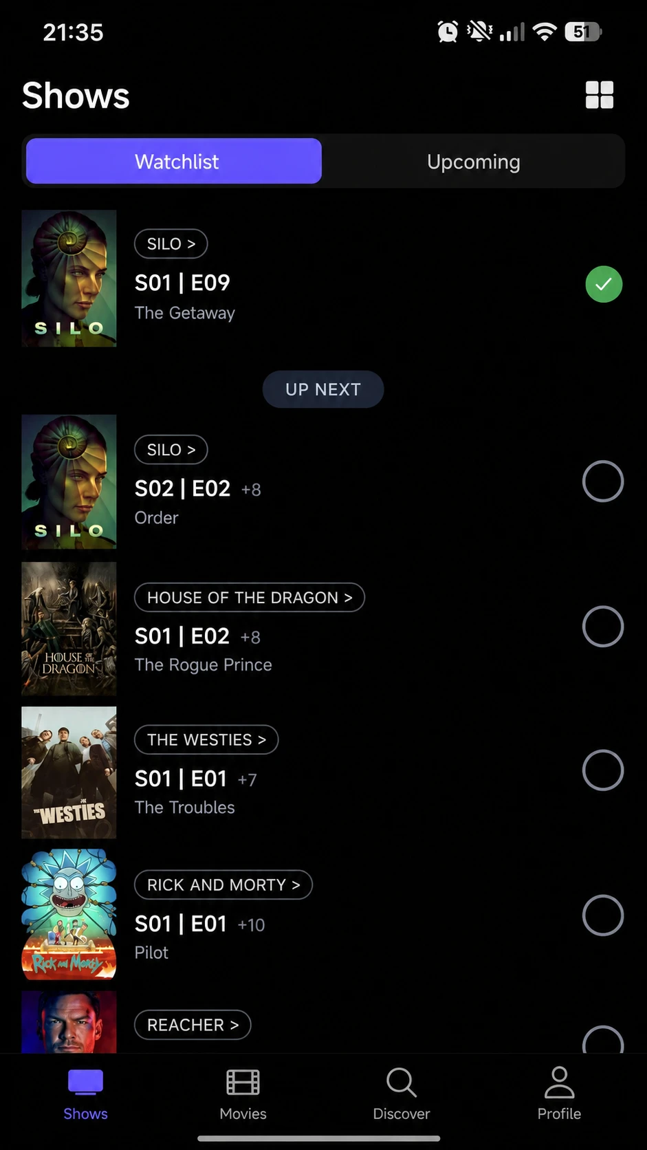 Prevly Shows watchlist screen with tracked shows and watched-episode status